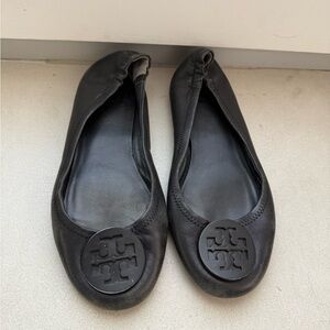 Tory Burch Black Leather Logo Ballet Flats